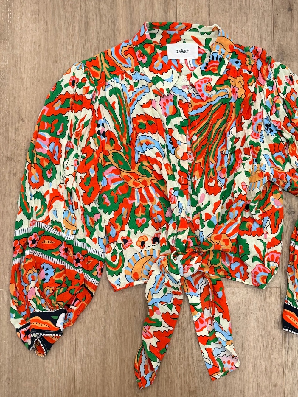 ba&sh Multicolor Floral Button-Front Blouse in Red, Green & Cream